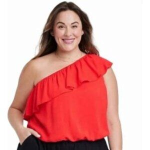 Ava & Viv Red One Shoulder Ruffle Top Woman's Size XXL 100% Rayon Elastic Trim